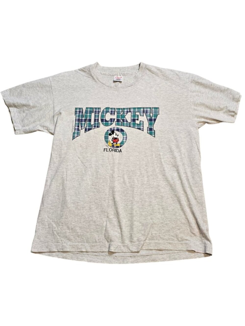 Disney Mickey Mouse Unisex Vintage 90’s Plaid Embroidered Grey T-Shirt L
